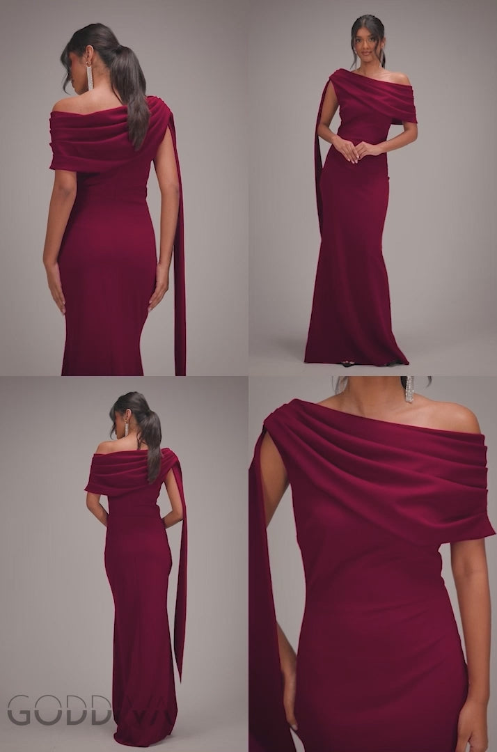 Sash One Shoulder Bardot Maxi Dress  - Burgundy DR4830