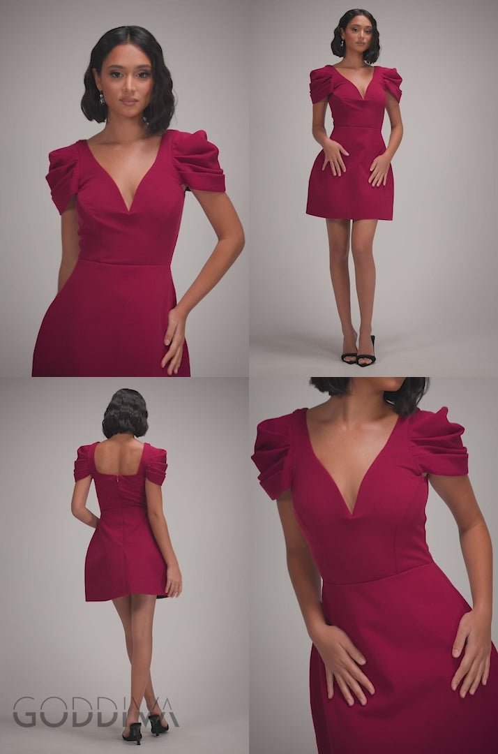 Plunging Neck Pleated Sleeve Scuba Mini Dress - Burgundy Red DR4798