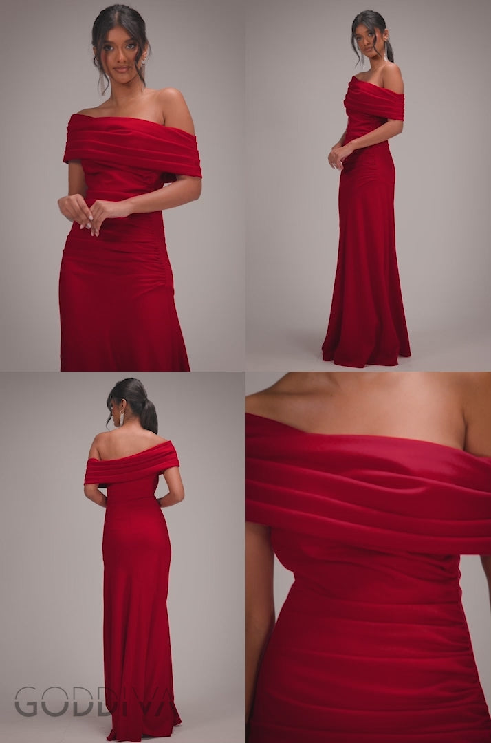 Pleated One Shoulder Bardot Fit And Flare Maxi Dress - Red DR4909