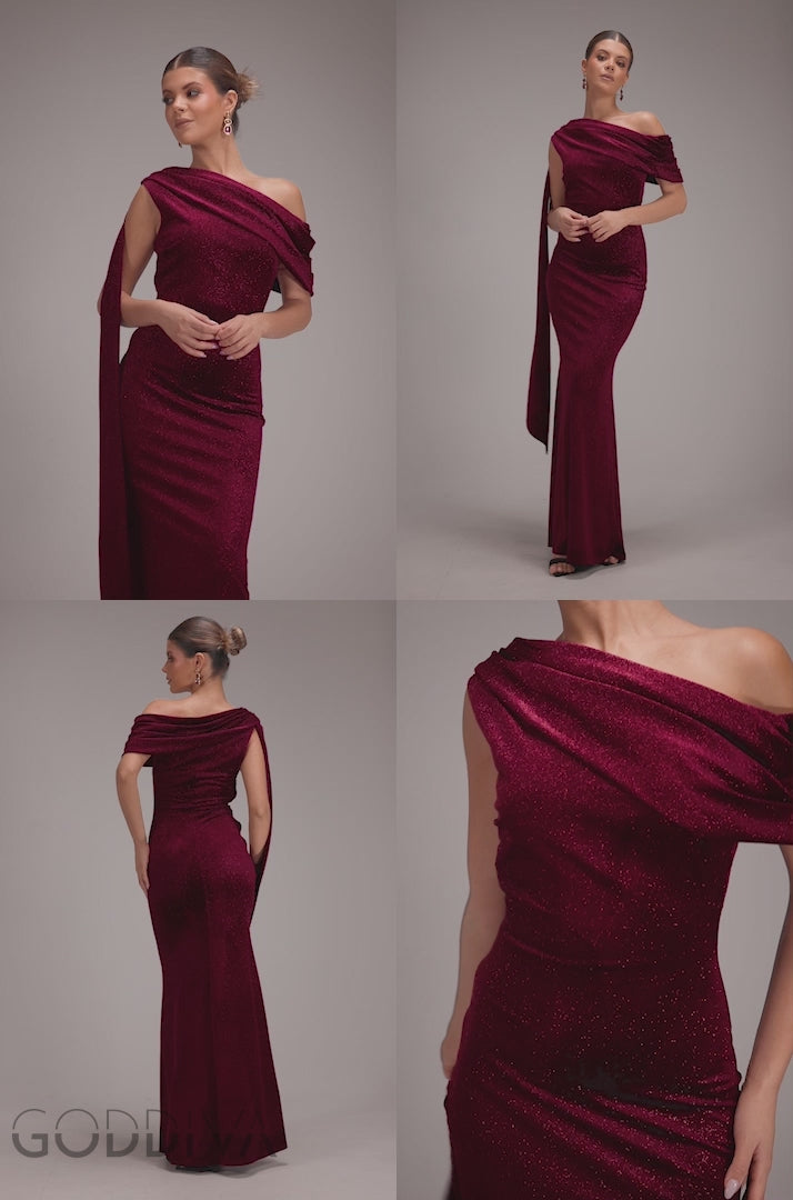 Glitter Velvet Sash One Shoulder Bardot Maxi Dress - Wine DR5017