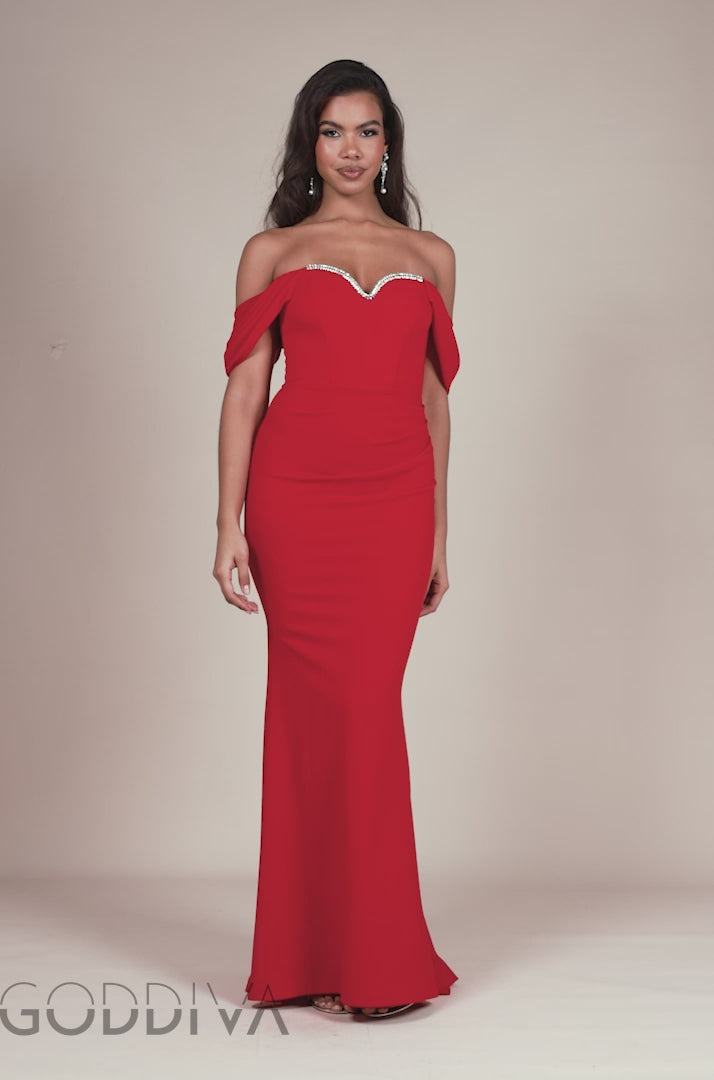 Off The Shoulder Draped Sleeve Maxi Dress With Diamante Neckline - Red DR4588