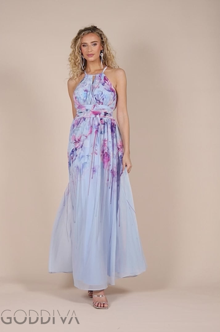 Floral Printed Chiffon Halter Maxi Dress - Blue DR4299