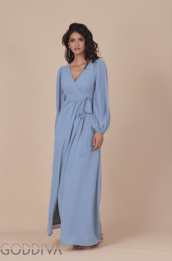 Sustainable Front Split Wrap Style Chiffon Maxi Dress - Airforce Blue DR4314BBS