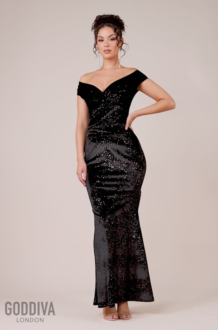 Shimmer Velvet Bardot Maxi Dress - Black Gold DR4643