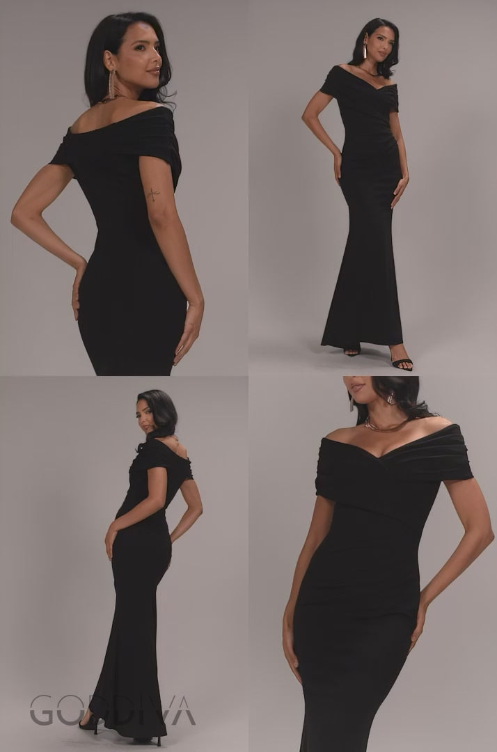 Pleated Bardot Wrap Mermaid Maxi Dress - Black DR5289