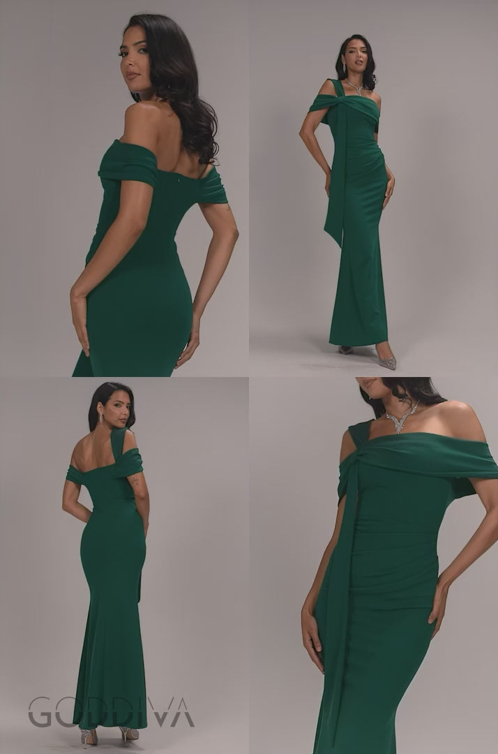 One Shoulder Twisted Bardot Asymmetric Mermaid Maxi Dress - Emerald Green DR4910