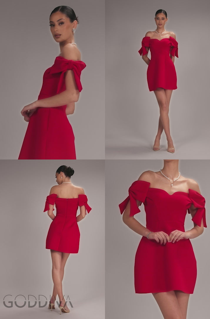 Bardot Plunge Neck Bow Sleeve Skater Mini Dress - Red DR5125