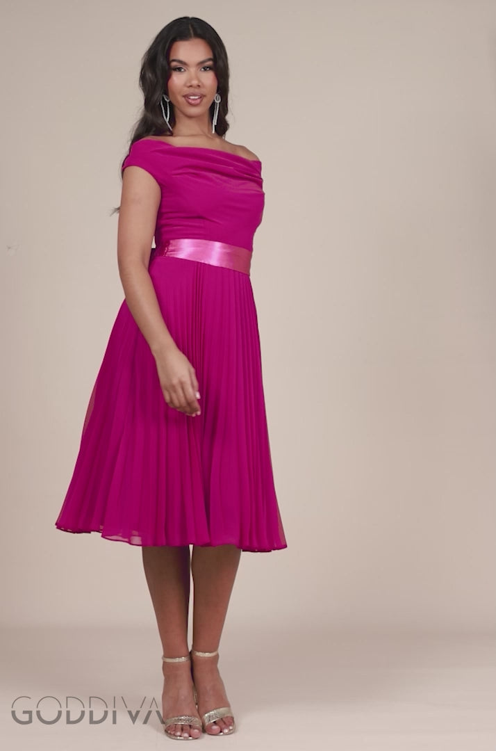 Cowl Neck Pleated A-Line Chiffon Midi Dress - Magenta DR4501