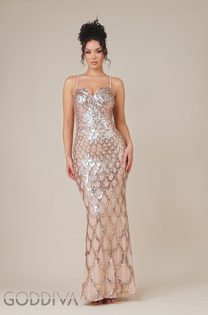 Diamante Strap Fish Scale Sequin Maxi Dress - Champagne DR4276