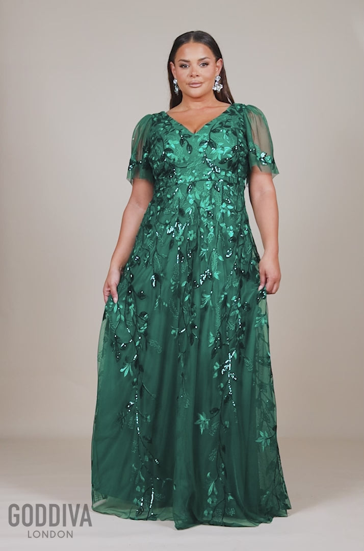 Flared Sleeve Embroidered Maxi Dress - Emerald DR3279PLUS