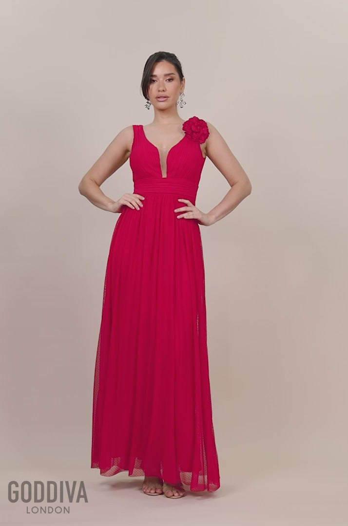 Sleeveless Pleated Dobby Mesh Corsage Maxi Dress - Red DR4294