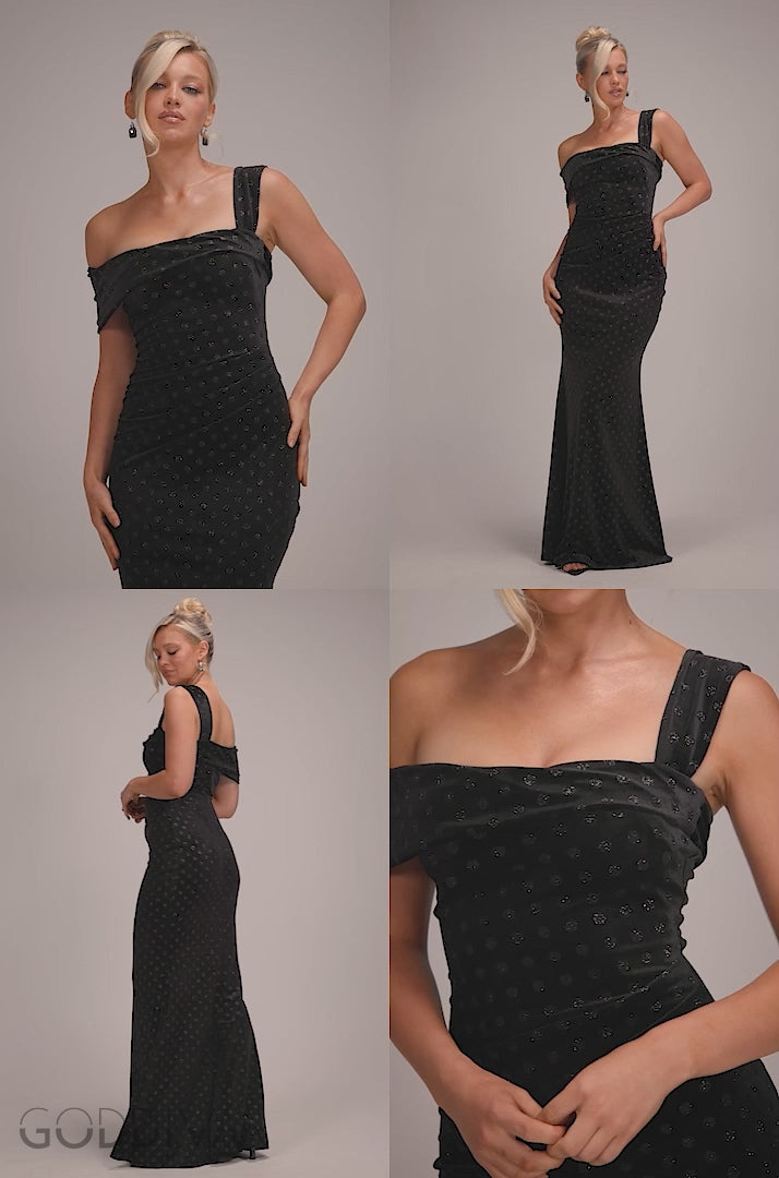 Glitter Polka Dot Velvet One Shoulder Maxi Dress - Black DR4646
