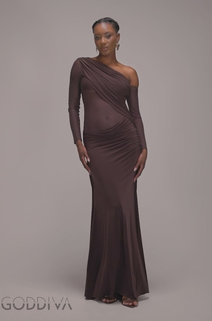 Gathered Cowl Asymmetric Mesh And Soft Touch Maxi Dress - Brown DR4800