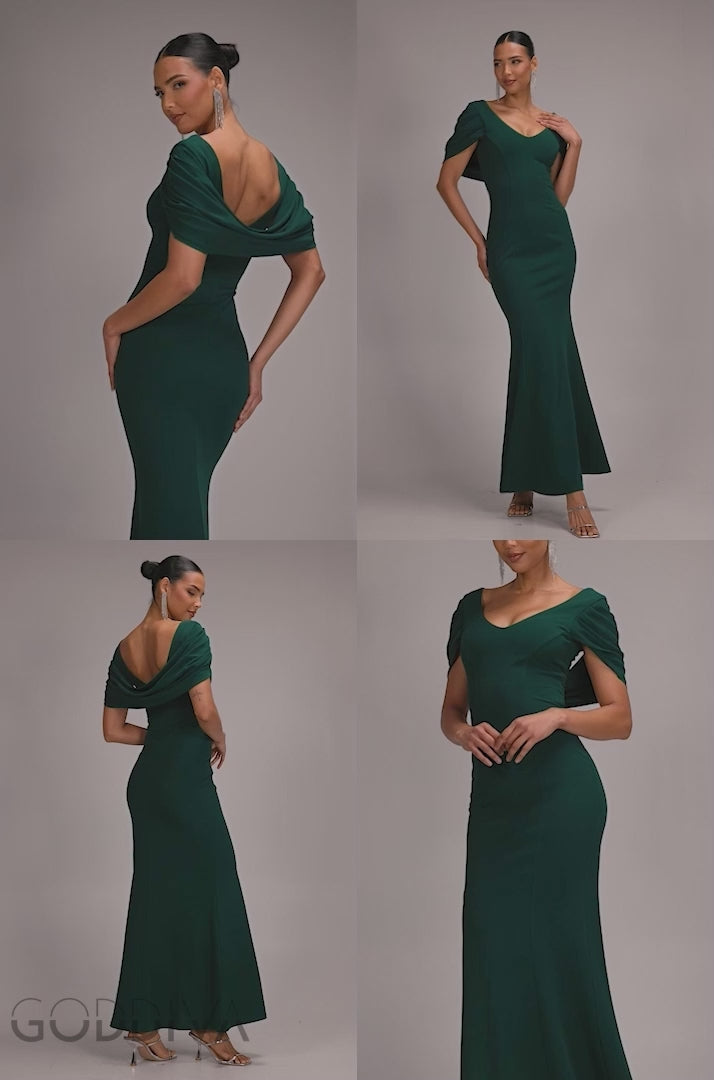 V Neck Cowl Back Pleated Sleeve Scuba Maxi Dress - Emerald Green DR5010