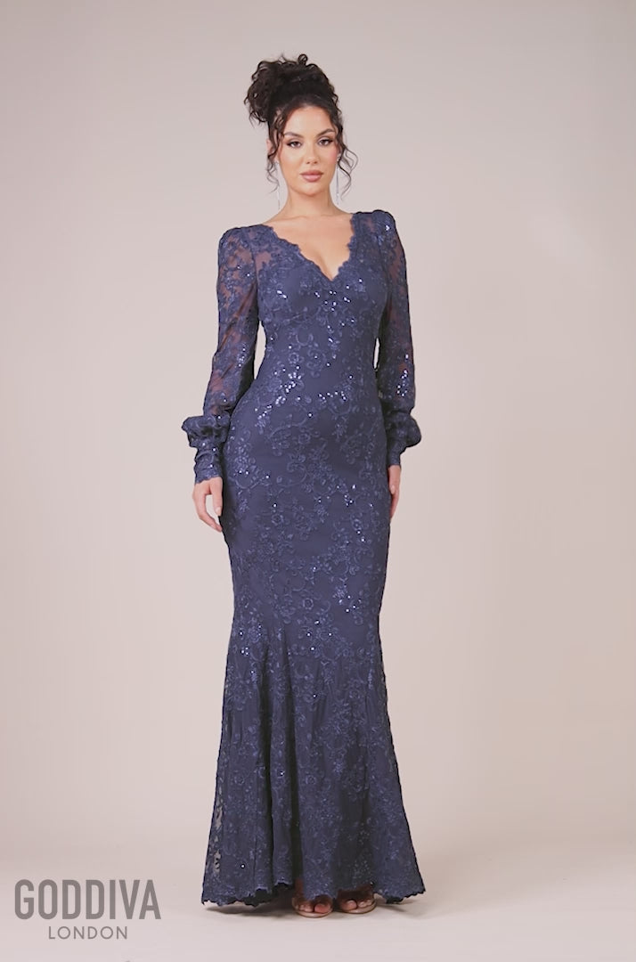 Embroidered Lace Scalloped Edge Maxi Dress - Navy DR4472