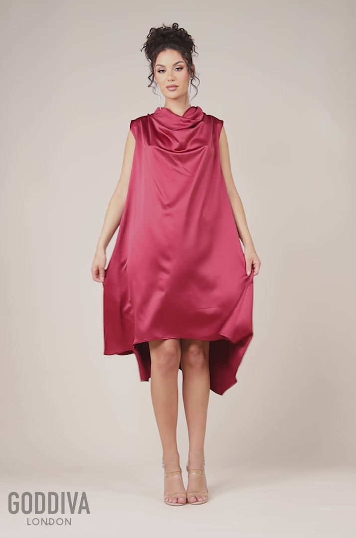 Cowl Neck Back Wing Satin High Low Midi Dress - Berry DR4608