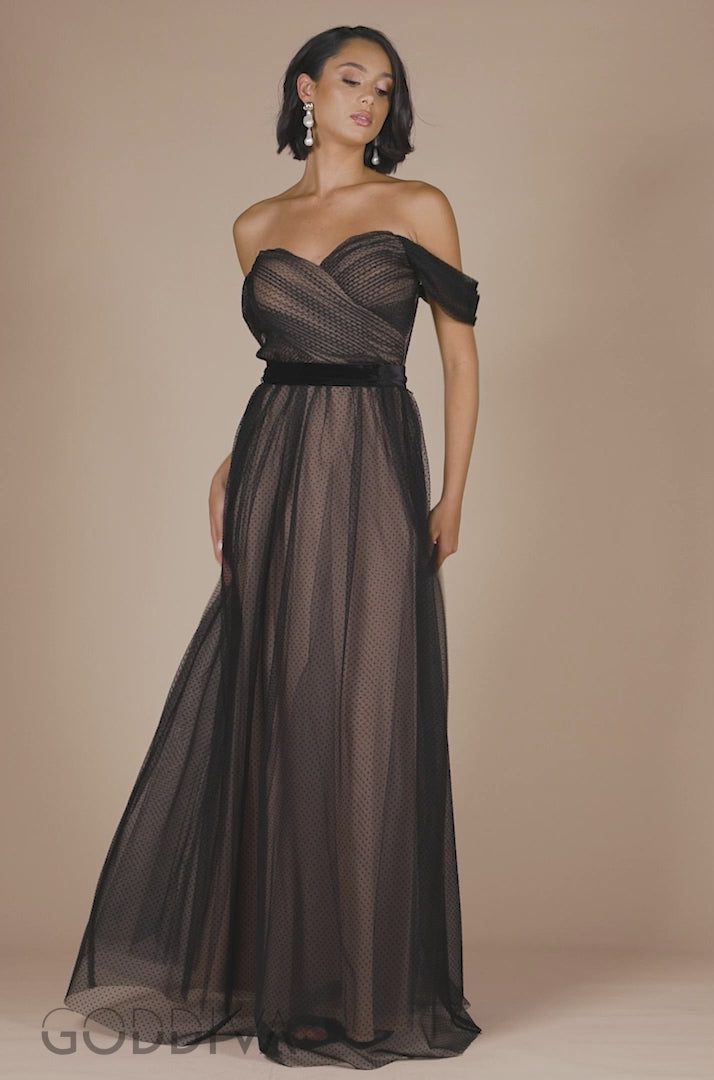 Dobby Mesh Off The Shoulder Princess Maxi Dress - Black DR4308