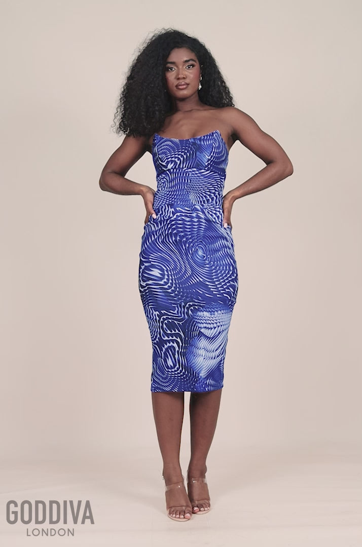 Abstract Bandeau Bodycon Midi Dress - Royalblue DR3545