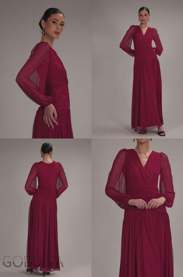 Gathered Balloon Sleeve Mesh Maxi Dress - Magenta DR5003