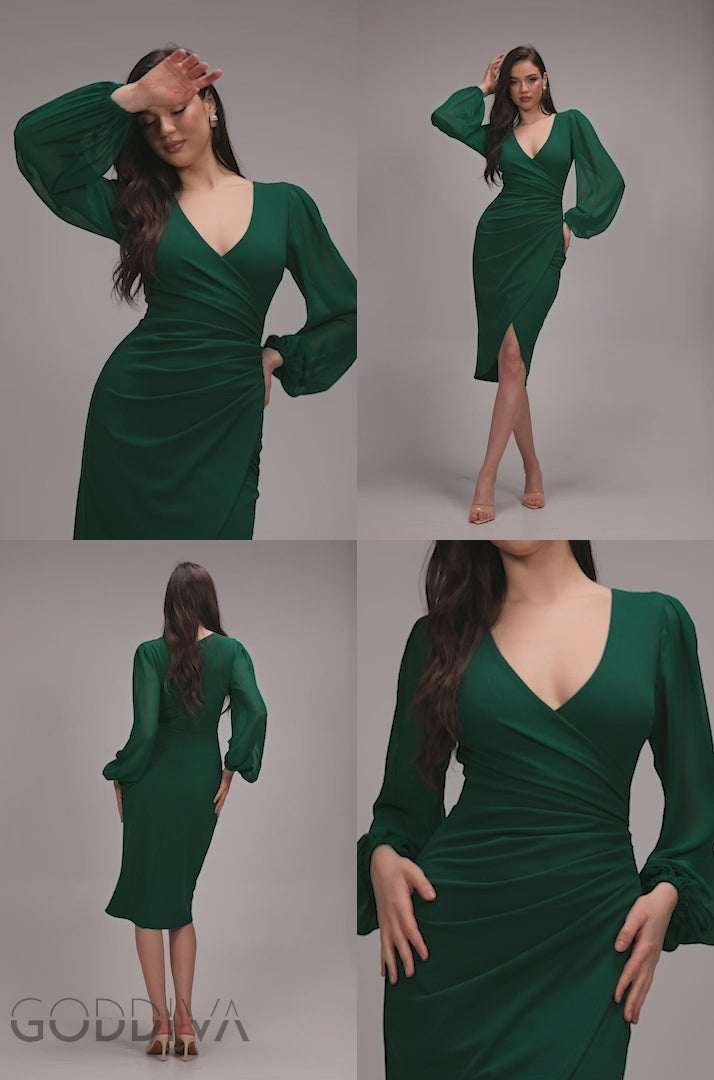 Scuba & Chiffon Balloon Sleeve Wrap Midi Dress - Emerald Green DR4933