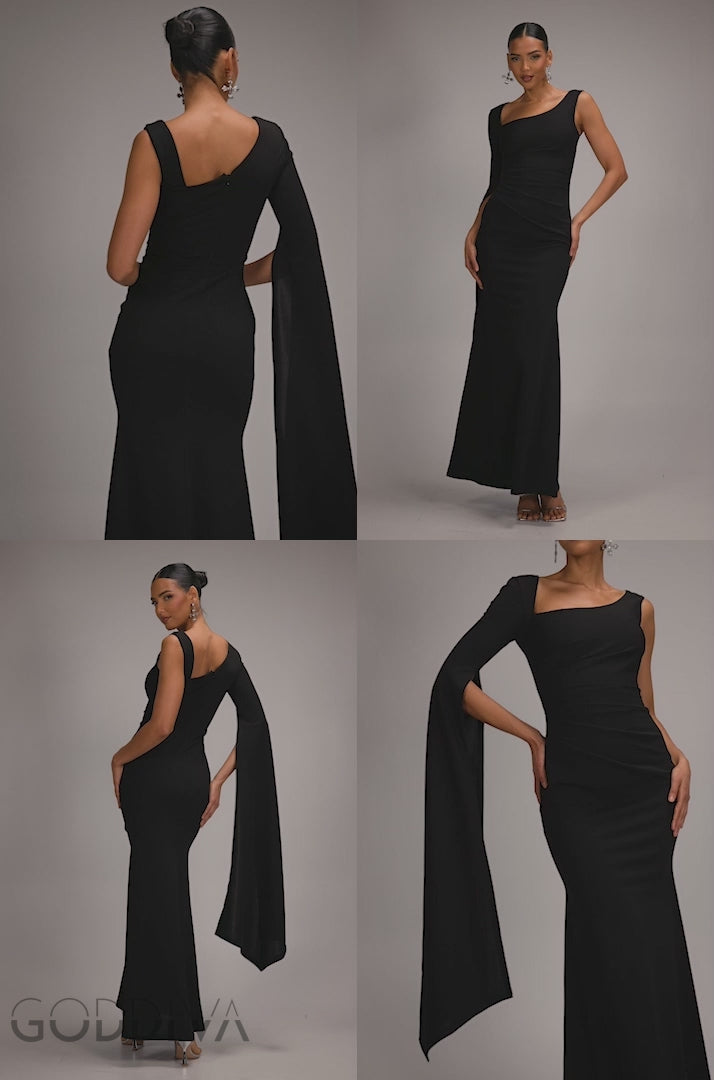 One Shoulder Cape Sleeve Maxi Dress - Black DR5041