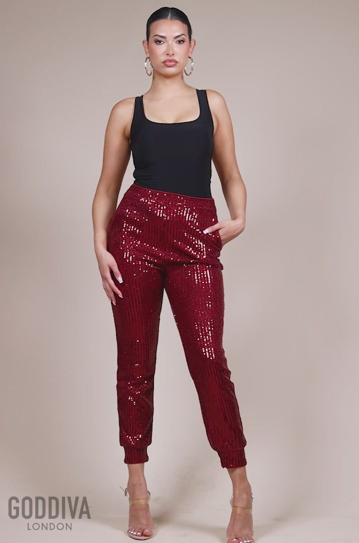 Sequin Cuffed Ankle Trouser - Wine TR360