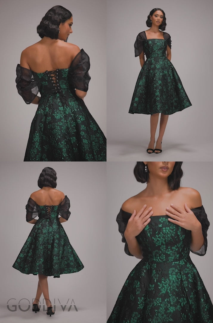 Lace Up Jacquard Midi Dress With Organza Wings - Emerald Black DR4791