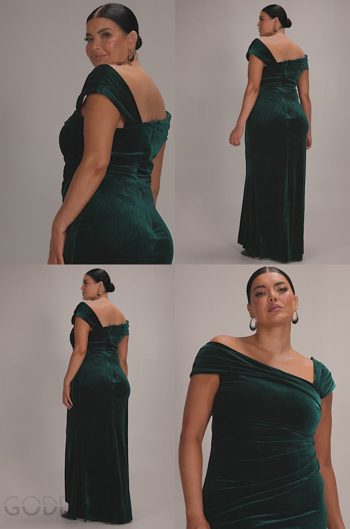 Velvet Pleated One Off Shoulder Maxi Dress - Emerald Green DR4578PLUS