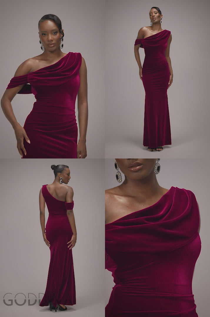 Cowl One Shoulder Velvet Maxi Dress - Burgundy Red DR4504