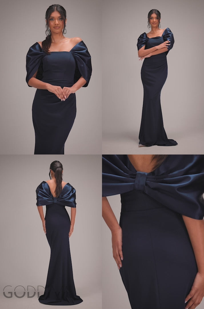 Off Shoulder Back Satin Bow Scuba Maxi Dress - Navy Blue DR4708