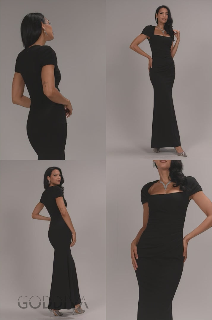 Pleated Asymmetric Bodice  Mermaid Maxi Dress - Black DR5277