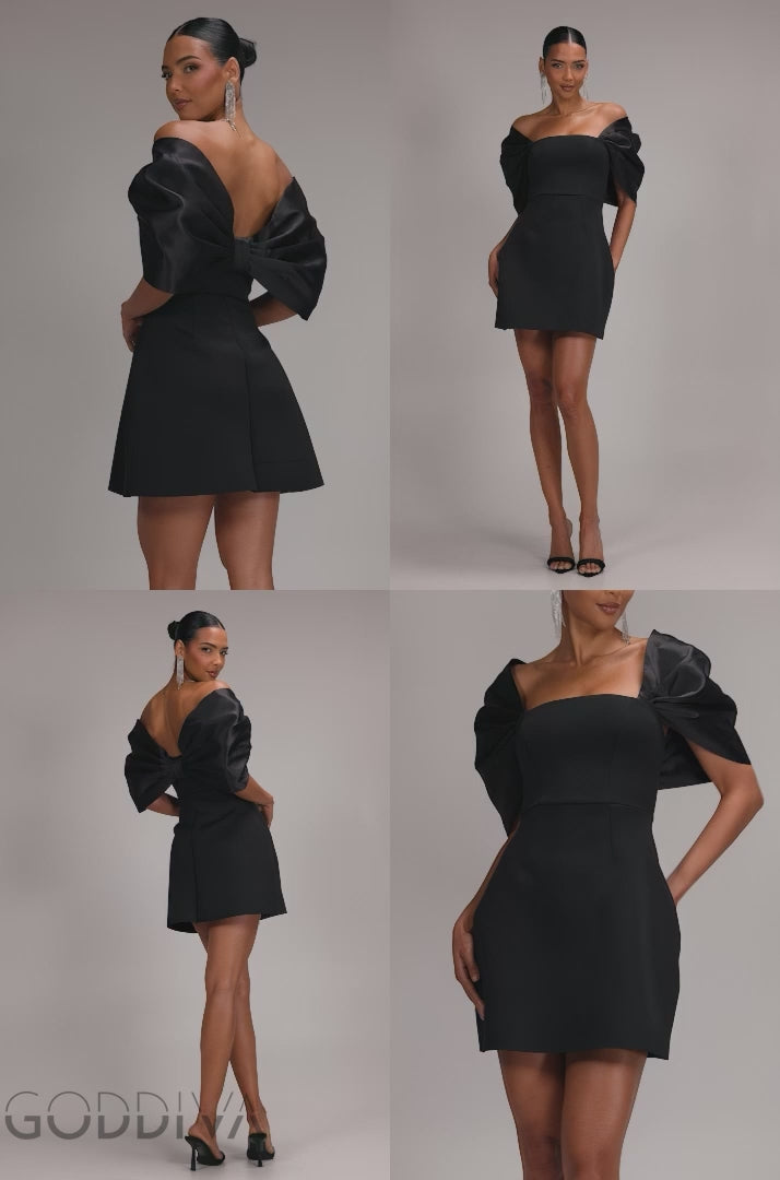 Off Shoulder Back Satin Bow Scuba Mini Dress - Black DR4713