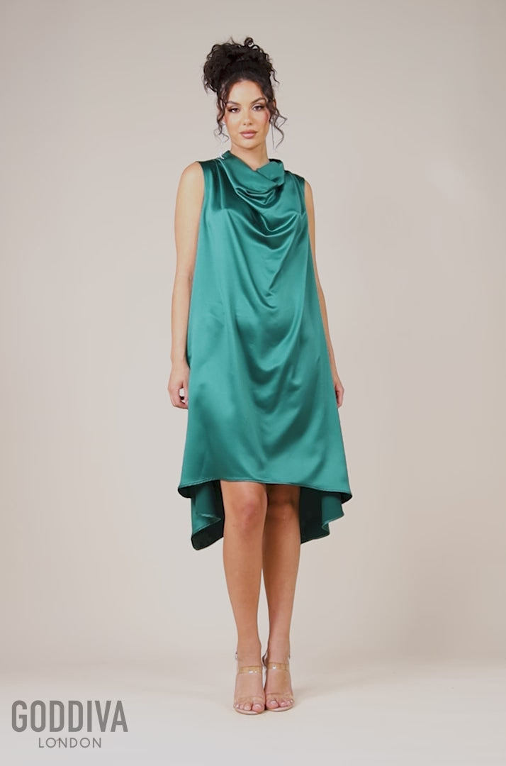 Cowl Neck Back Wing Satin High Low Midi Dress - Botanical Green DR4608