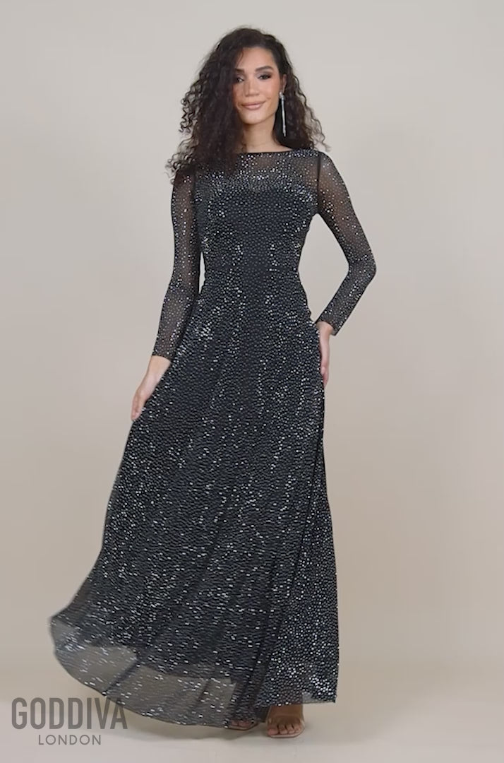 Diamante Mesh A-Line Long Sleeve Maxi Dress - Black DR4365