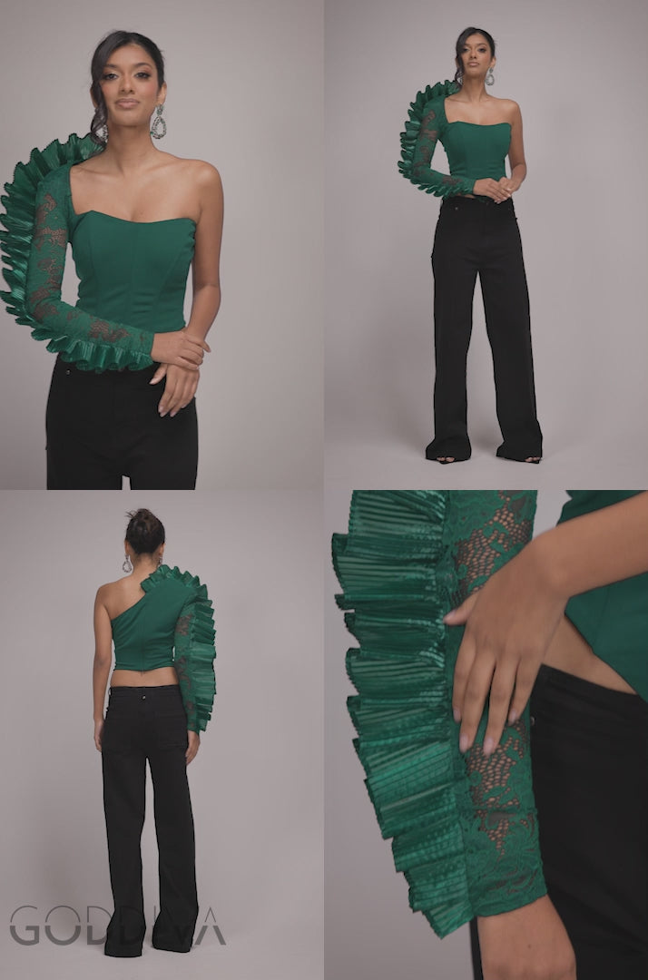 One Shoulder Fan Pleat Frill Corset Top - Emerald Green T232