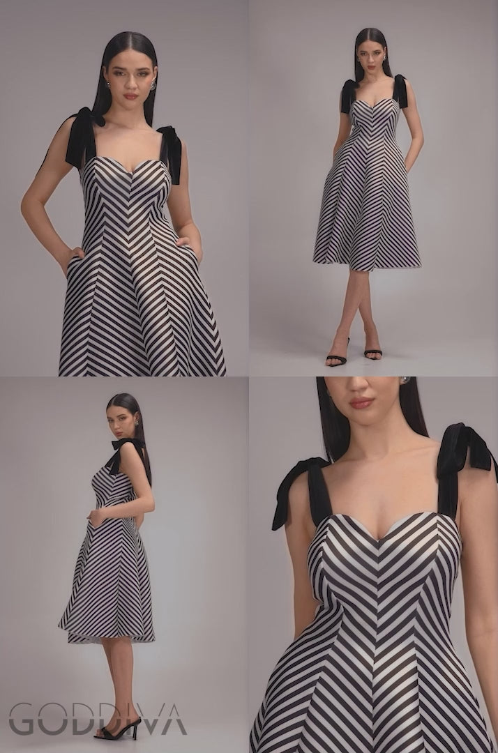 Diagonal Stripe Velvet Bow A-line Midi Dress - Black White DR5050