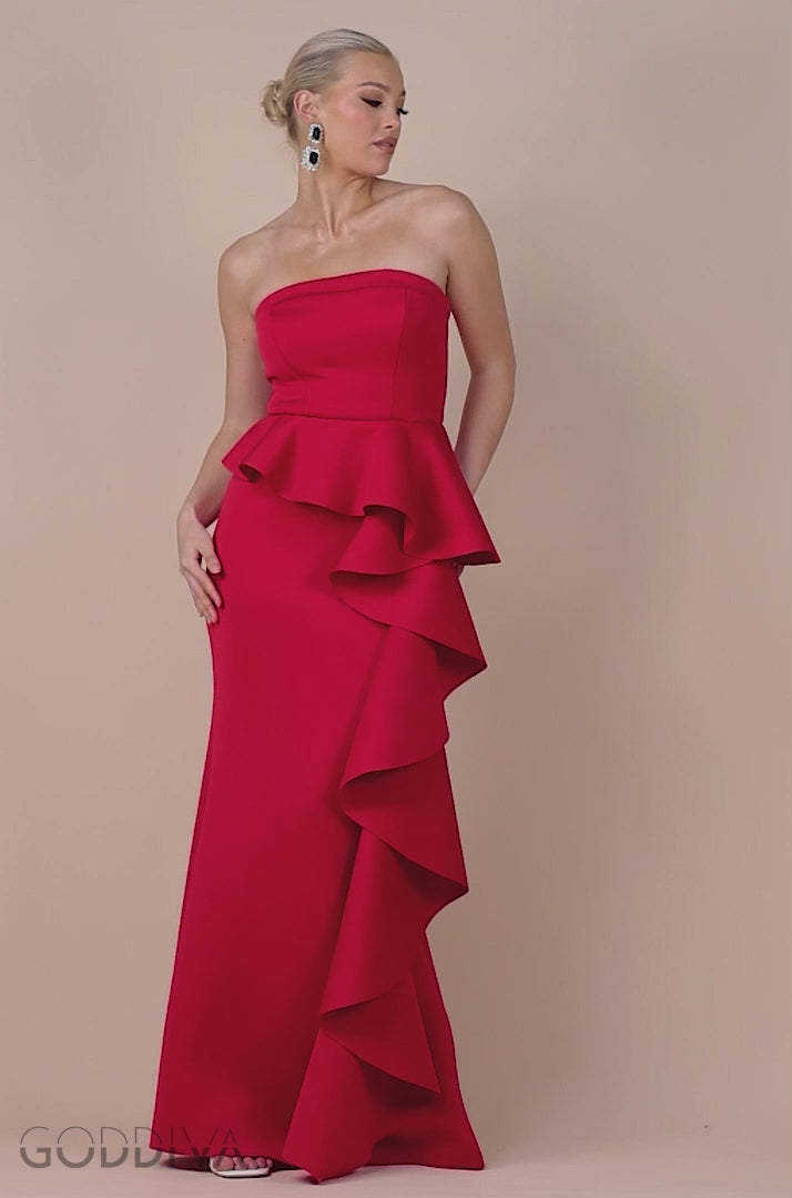 Boobtube Peplum  Waterfall Frill Maxi Dress - Red DR4738