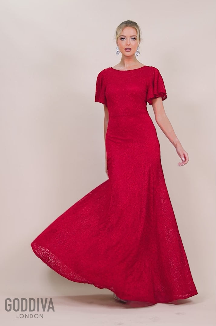 Flutter Sleeve Lace A-Line Maxi Dress - Red DR4361