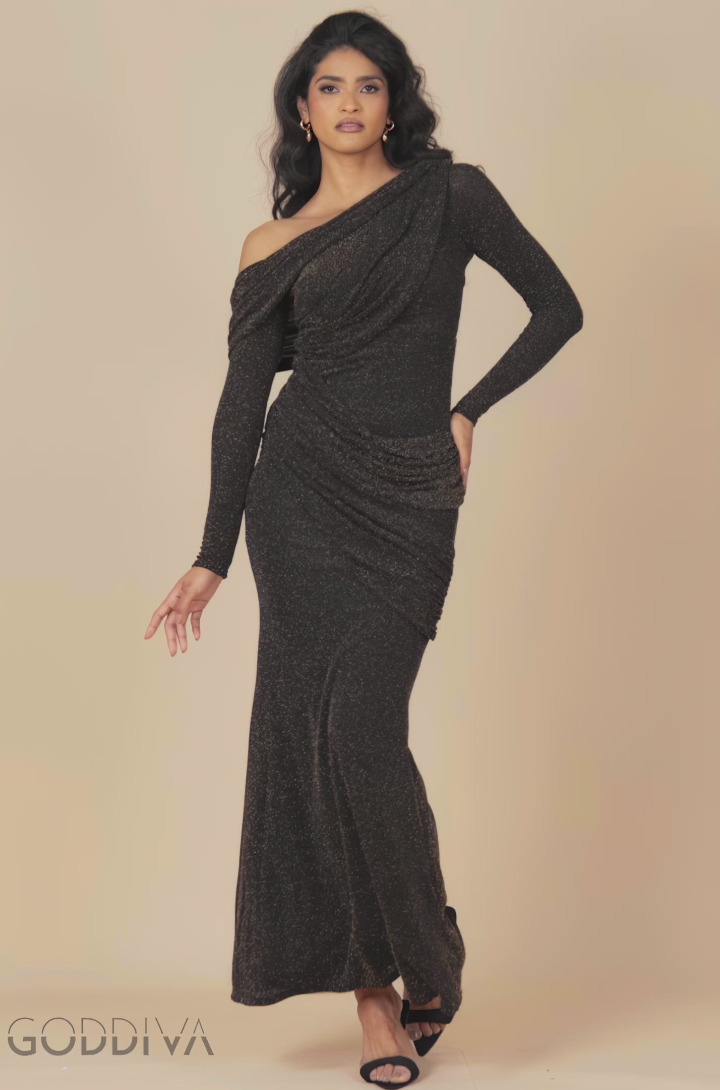 Off The Shoulder Gathered Panel Sparkle Lurex Maxi Dress - Black Gold DR4675