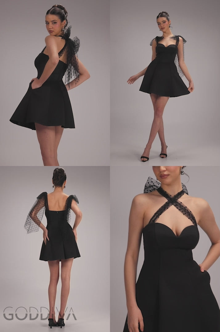 Scuba & Polka Mesh Bella Bow Multiway Skater Mini Dress - Black DR4887