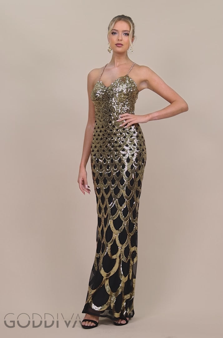 Diamante Strap Fish Scale Sequin Maxi Dress - Gold DR4276