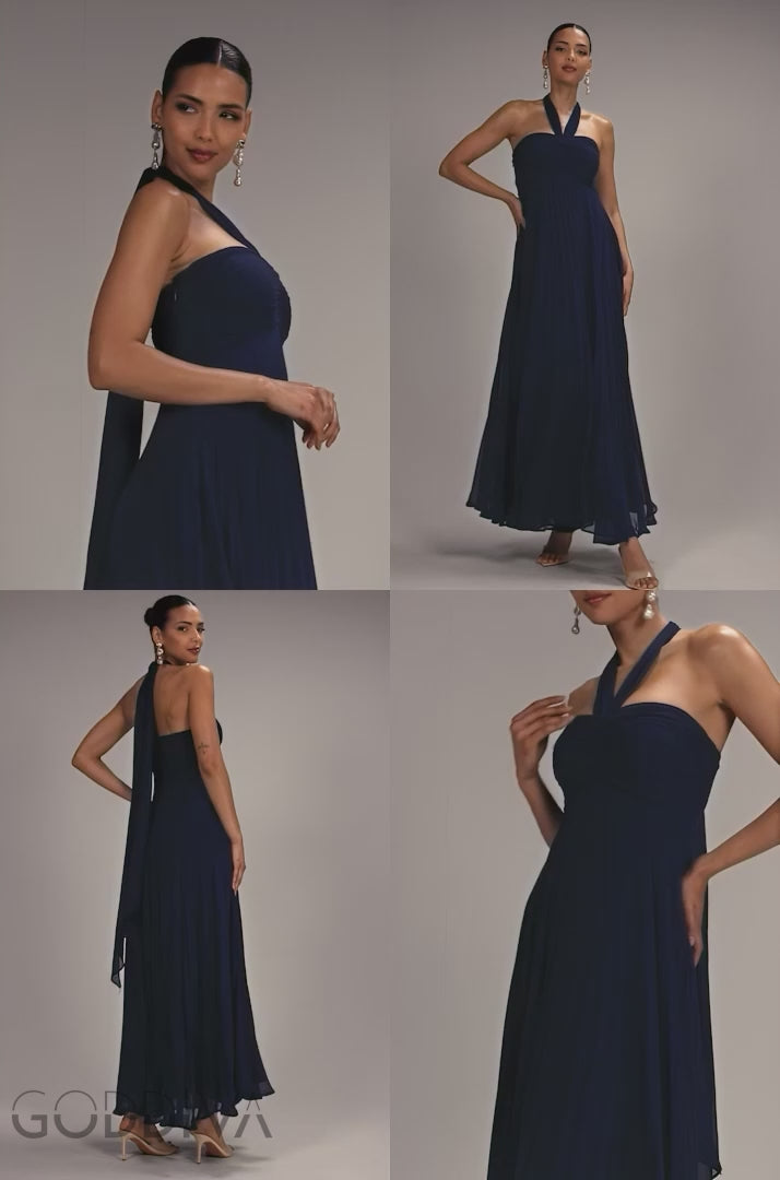 Sleeveless Pleated Chiffon Multiway Scarf Maxi Dress - Navy Blue DR4829
