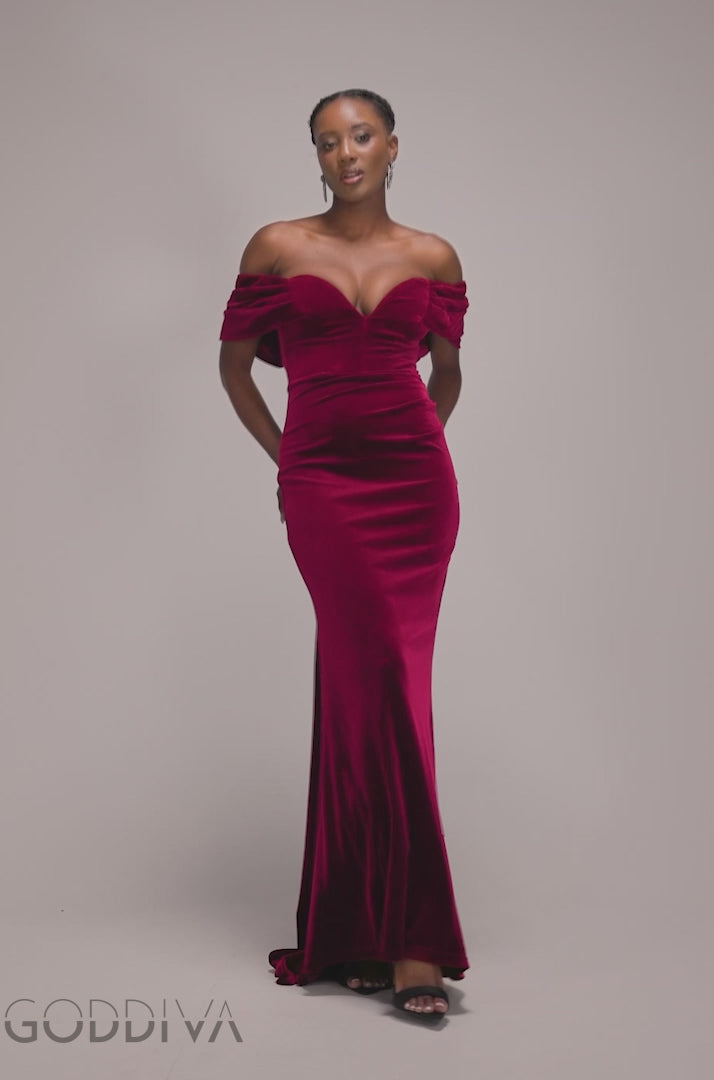 Off The Shoulder Deep Plunge Velvet Maxi Dress - Burgundy DR4692