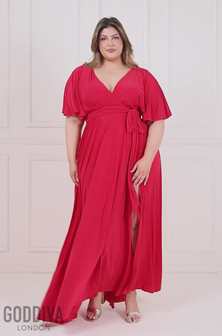 Plus Wrap Front Maxi With Flutter Sleeves - Red DR2565P