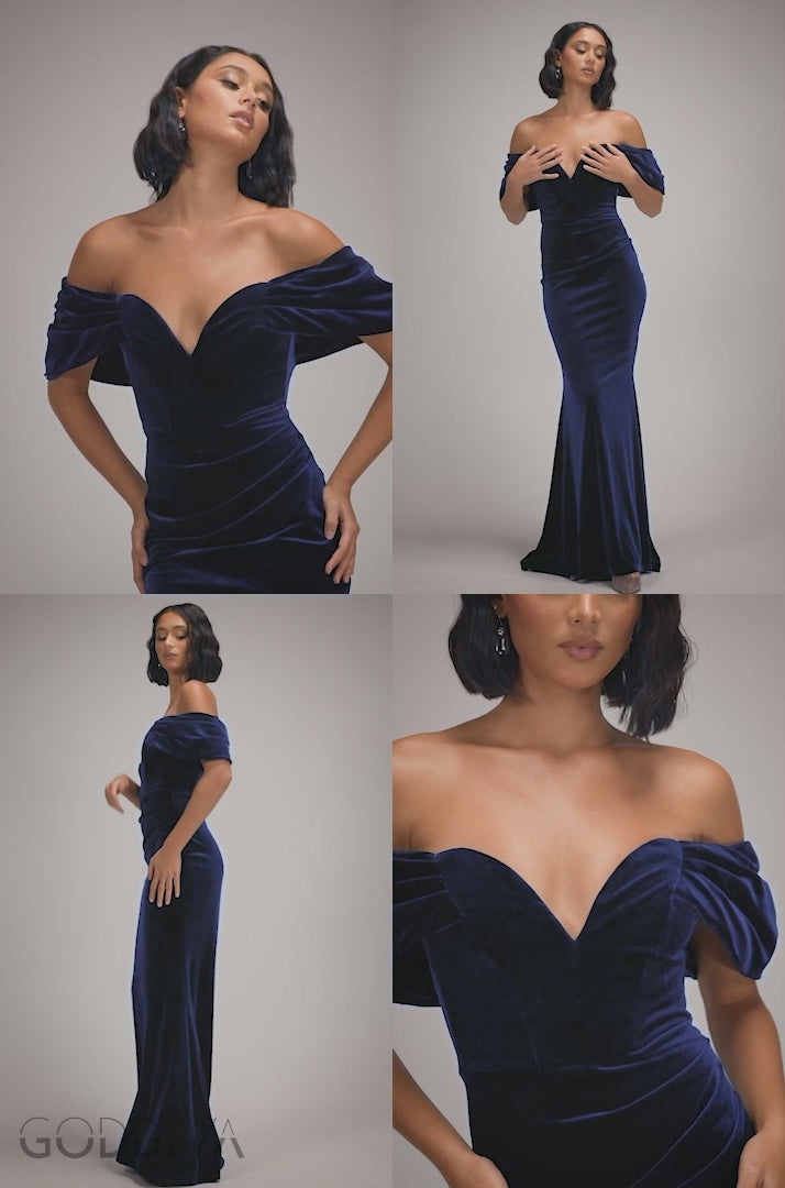 Off The Shoulder Deep Plunge Velvet Maxi Dress - Navy Blue DR4692