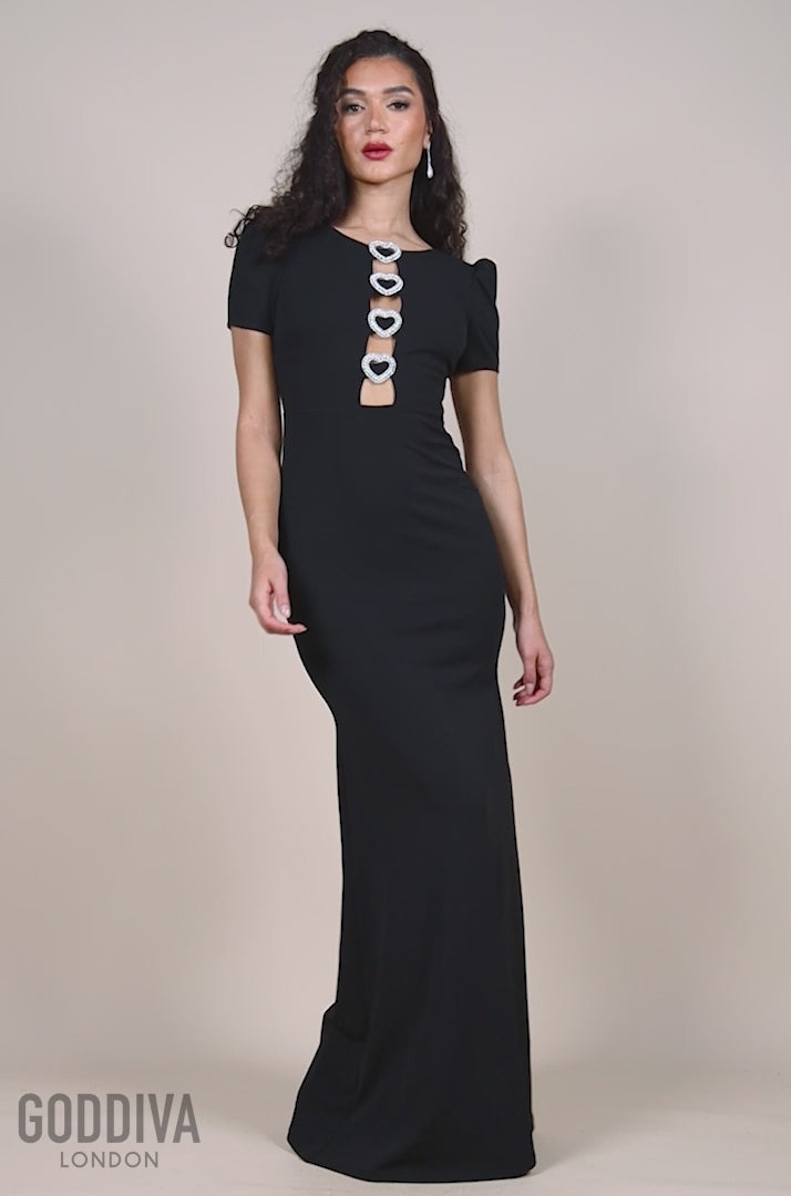 Diamante Embellished Heart Brooch Scuba Maxi Dress - Black DR4458