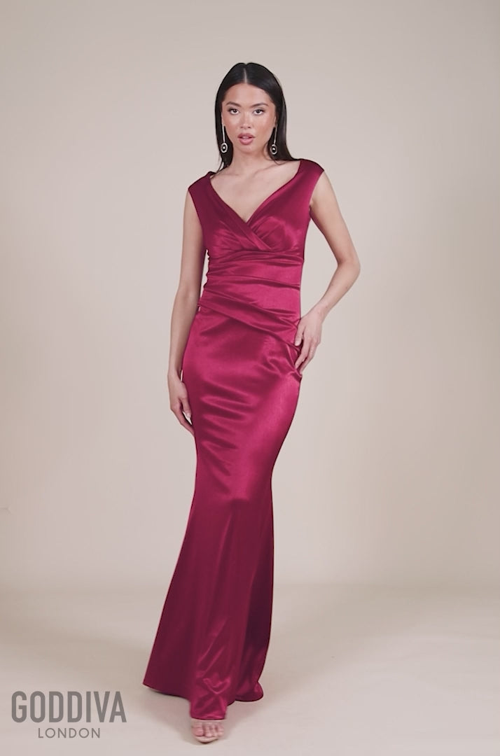 Satin Off The Shoulder Maxi Dress - Wine DR3580