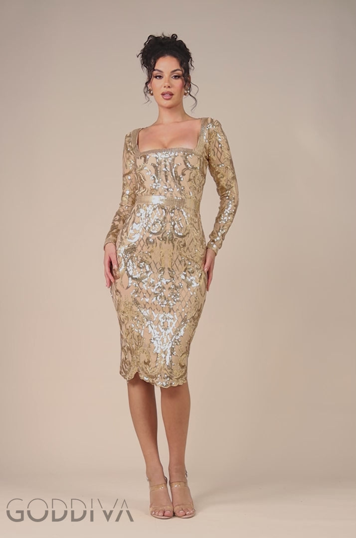 Sequin Square Neck Bodycon Midi Dress With Scalloped Hem - Gold DR4123