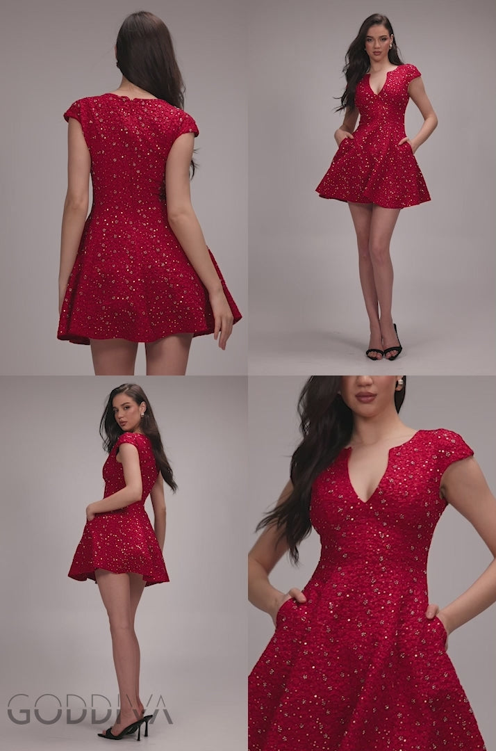 Bead Embellished Jacquard Skater Mini Dress - Red DR4785
