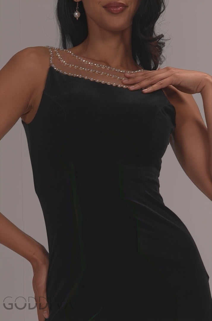 Pearl Diamante Neck Velvet Maxi Dress - Black DR5234